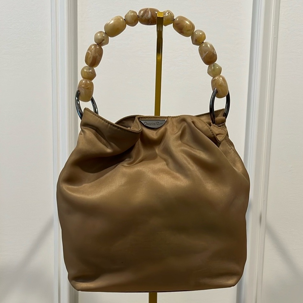 Christian Dior Maris Pearl Khaki Nylon Shoulder Bag with Beaded Handle COA EUC